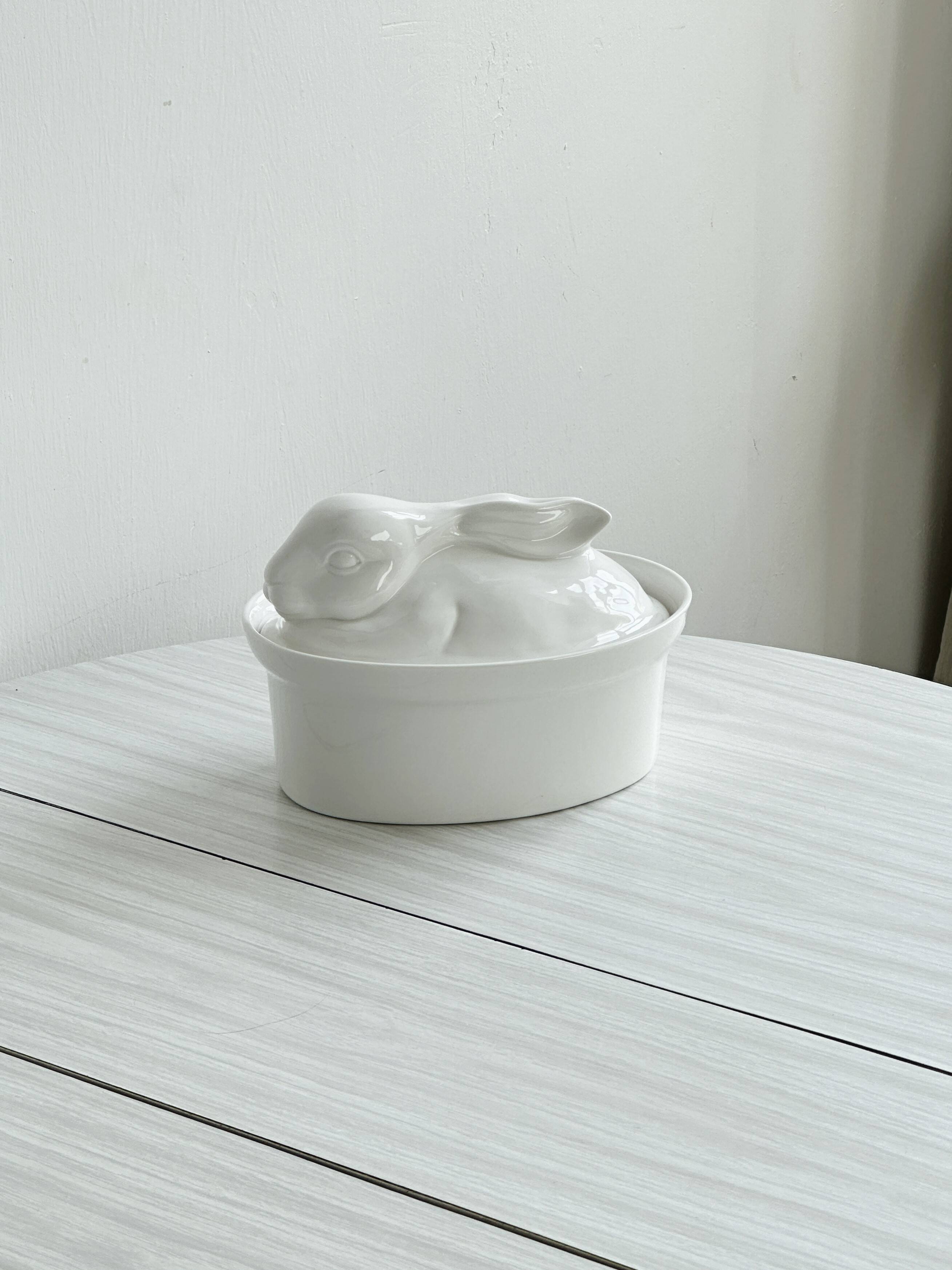 Large white porcelain rabbit terrine dish.
