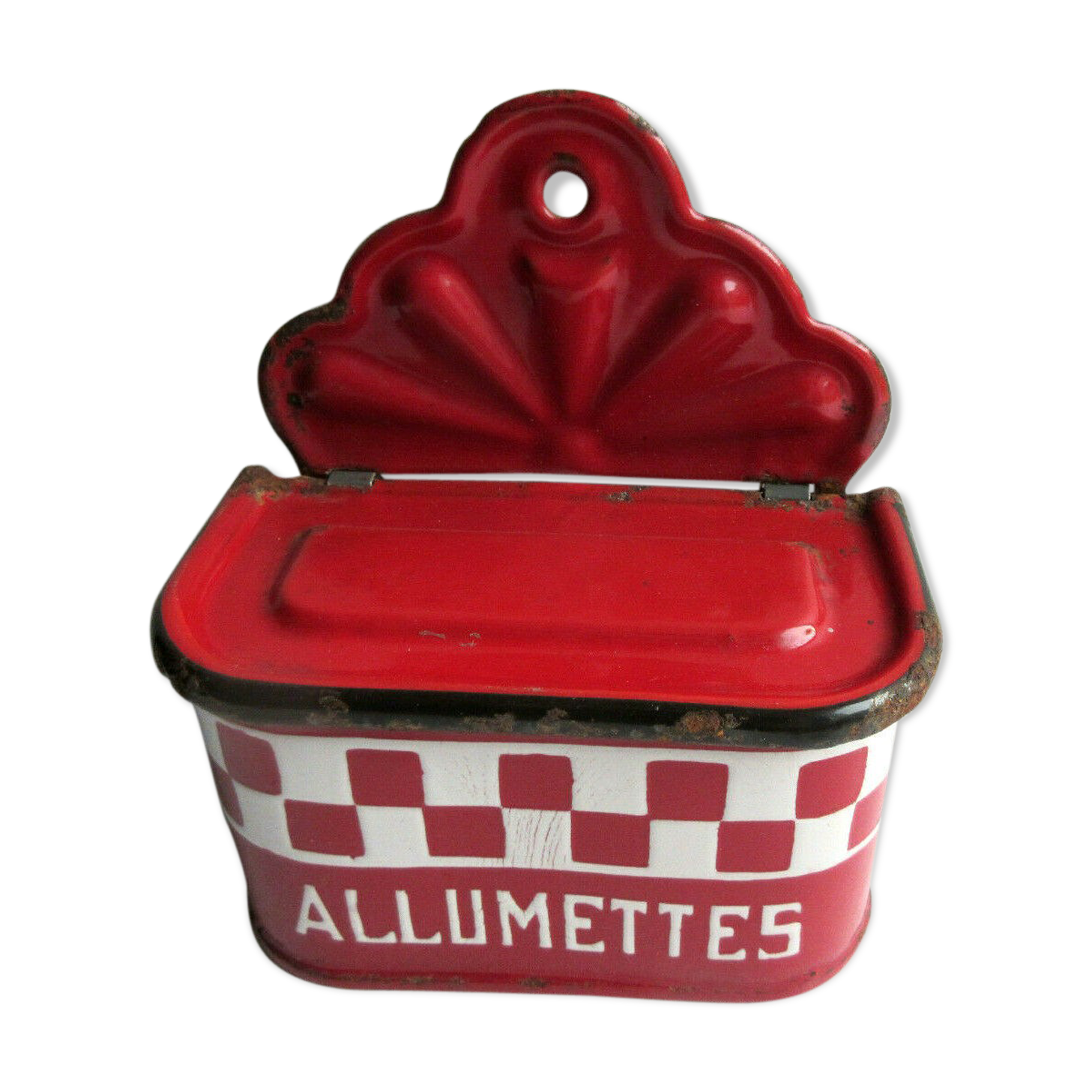 Former Art Deco matchbox in sheet metal enamelled with red and white tiles