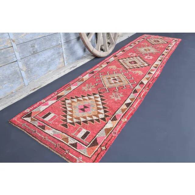 Vintage Turkish Oushak Handmade Wool Cotton Pink Runner Rug 86x362