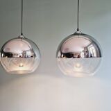 Pair of large Space Age pendant lights in clear glass and chrome, 1970s