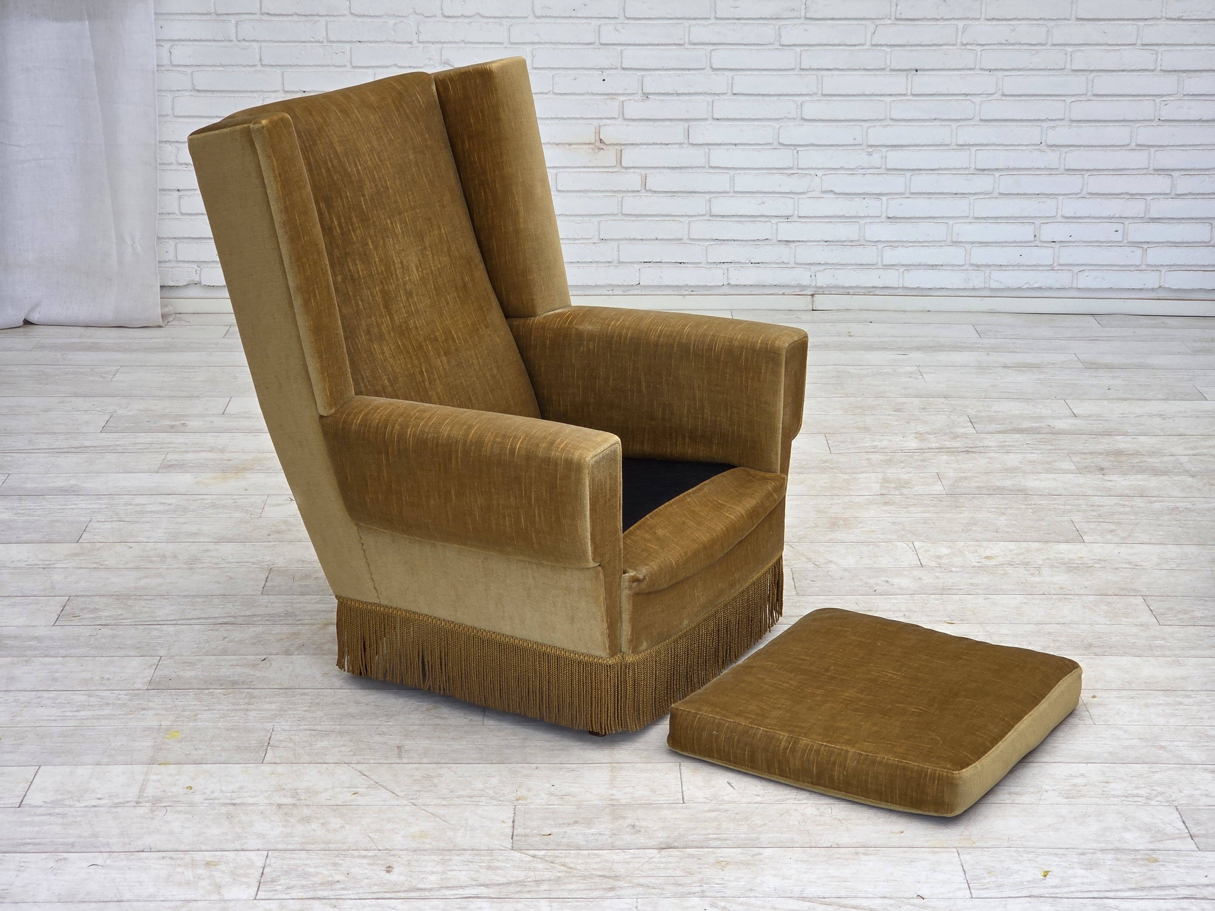 1970s, Danish highback armchair, honey yellow furniture velour.