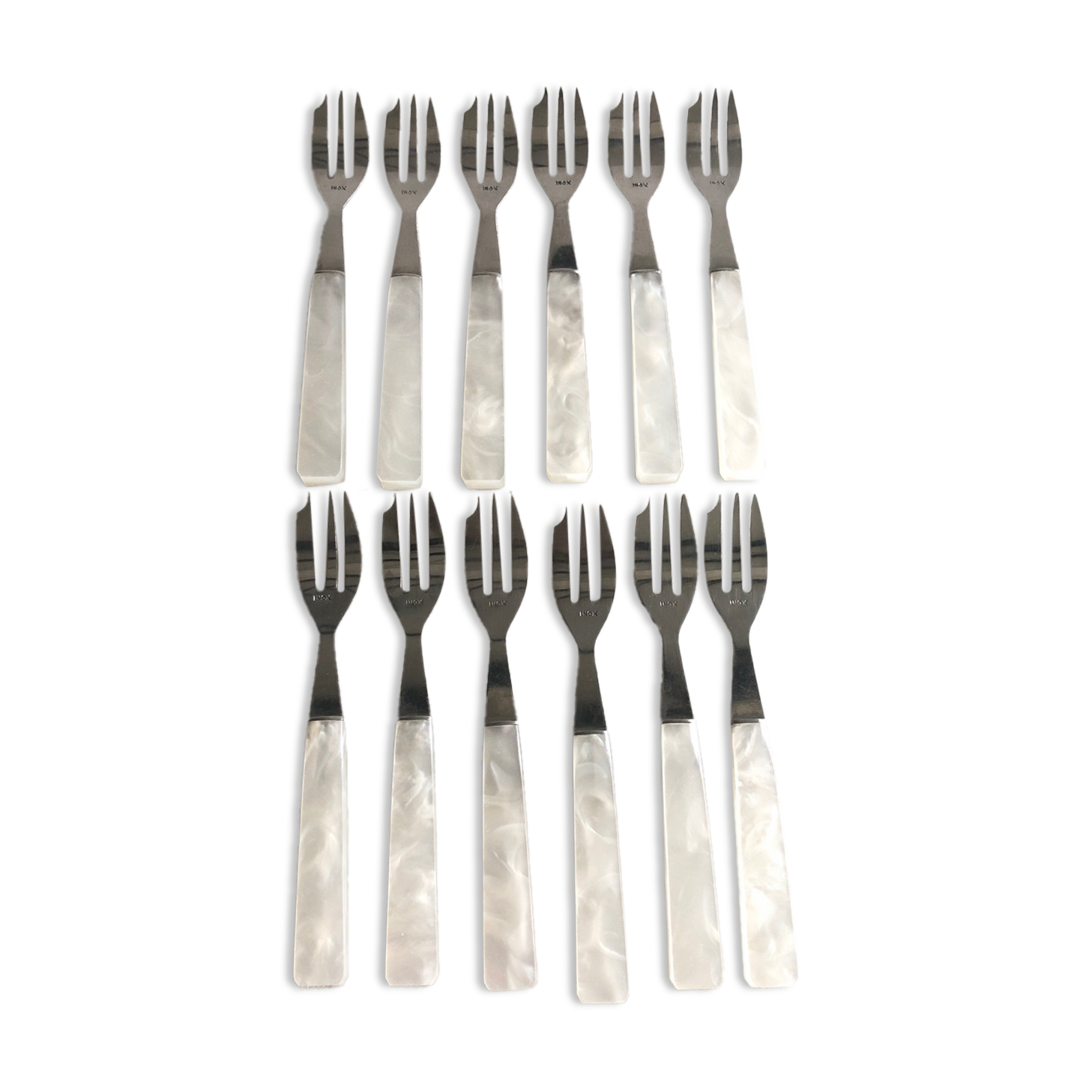 12 fourchettes à dessert manche plastique nacré blanc