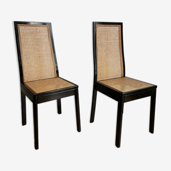 Paire de chaises de salle à manger en cannage et laque noire éditions Fratelli Montina Made in Italy
