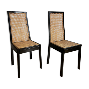 paire de chaises de salle à manger en cannage et laque noire éditions Fratelli Montina Made in Italy
