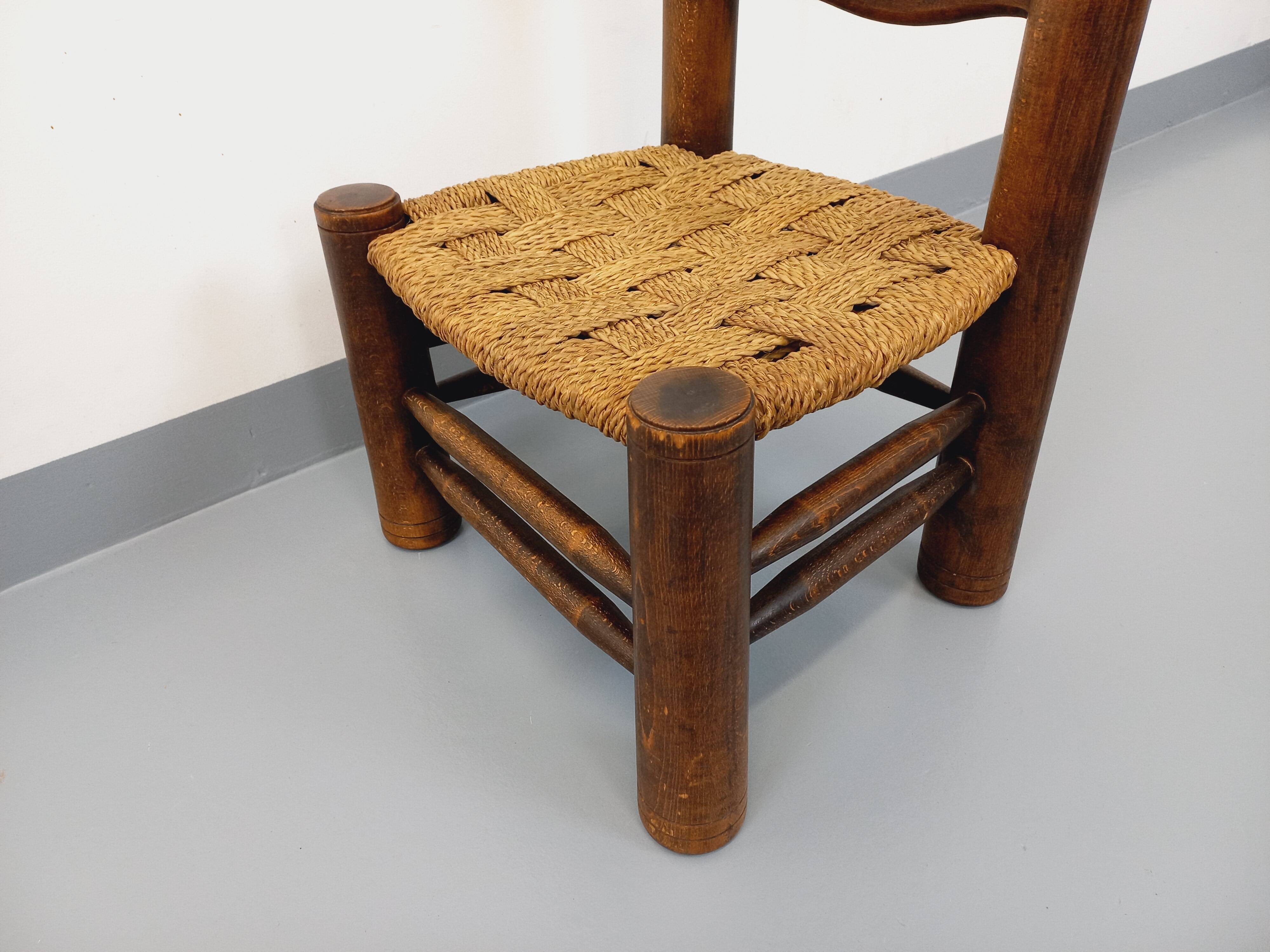 Vintage Charles Dudouyt Brutalist Low Chair in Wood and Straw