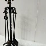 20th century wrought iron and bronze fireplace set