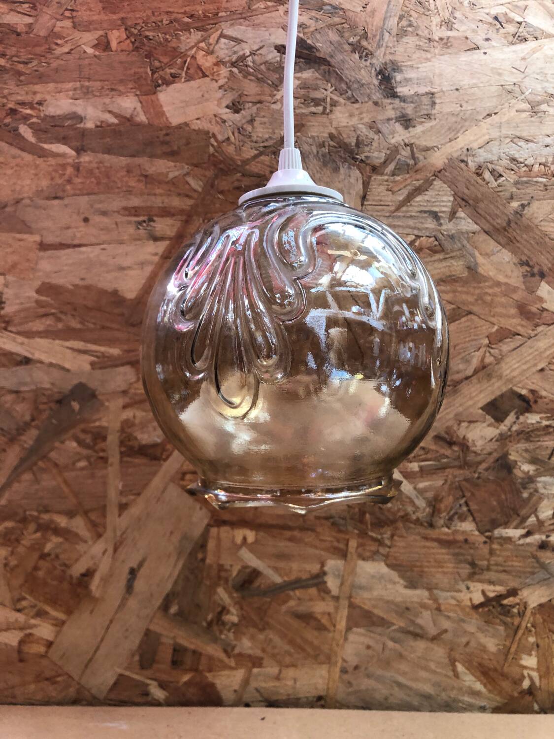 Old Molded Glass Ball Pendant Lamp 70's Vintage