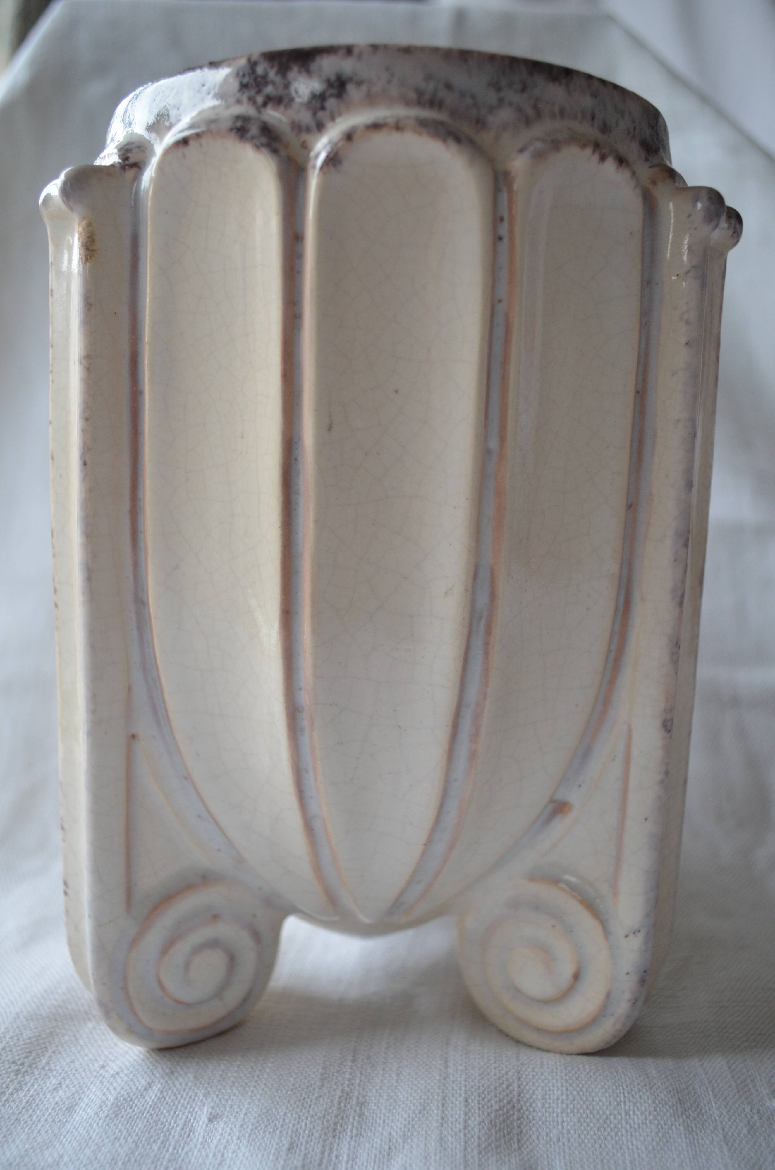 Cracked white ceramic art deco vase signed numbered pb made in france authentic piece