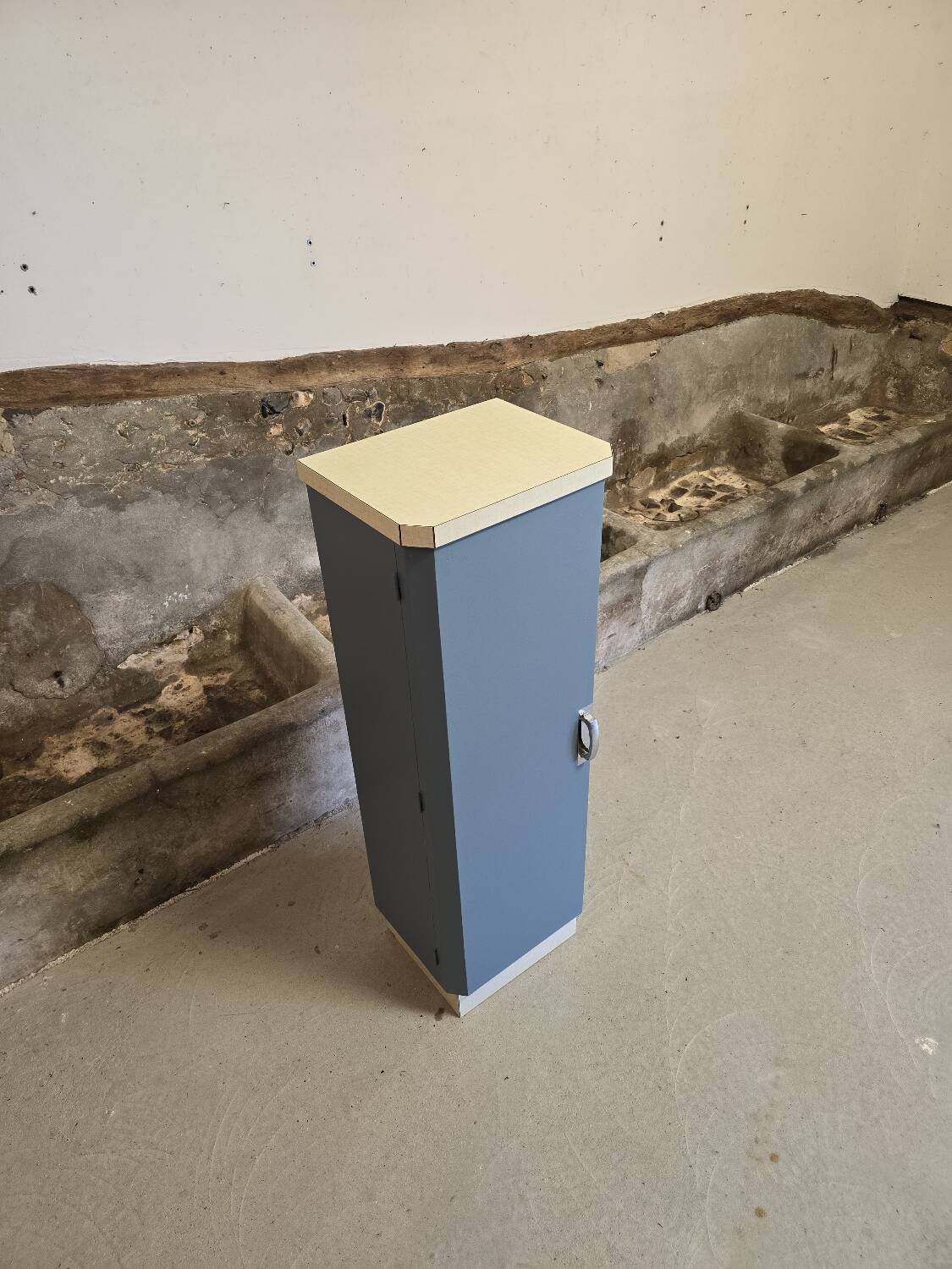 Small Mado 1960 kitchen column unit in yellow formica restyled in blue