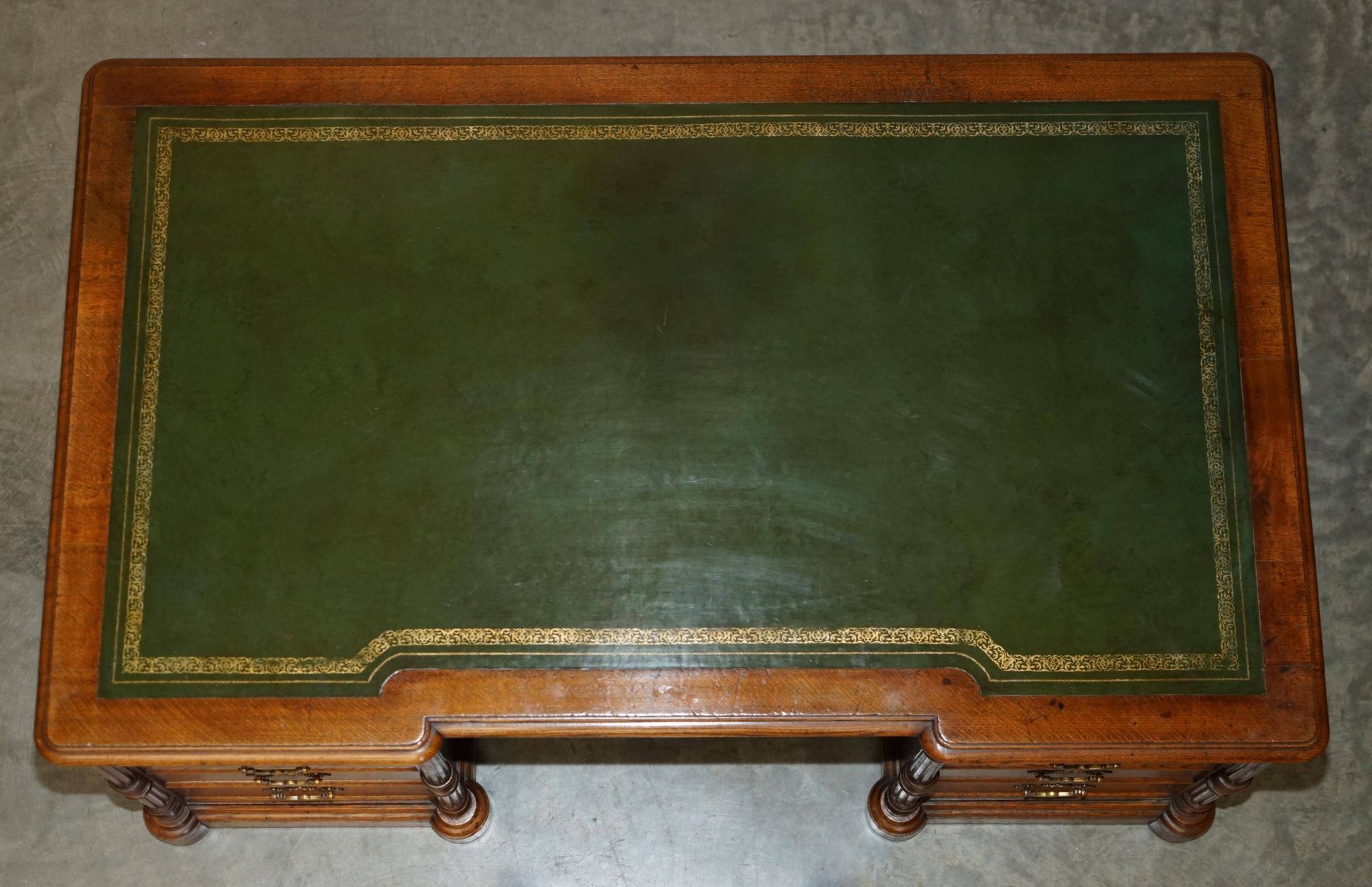 Antique double-sided desk C Hindley & Son in oak and leather