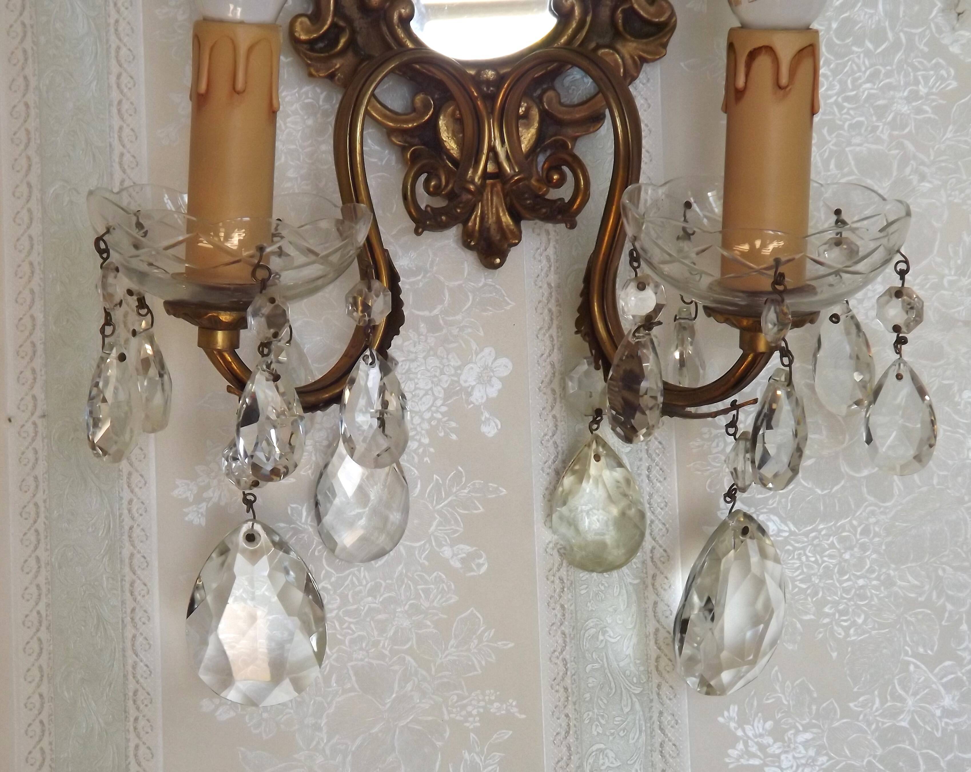 French Antique Gilt Bronze Baroque Double Light Crystal Mirror Wall Sconce 4807