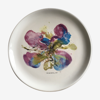 Assiette signée par Zao wou-ki 1986, design orchidée