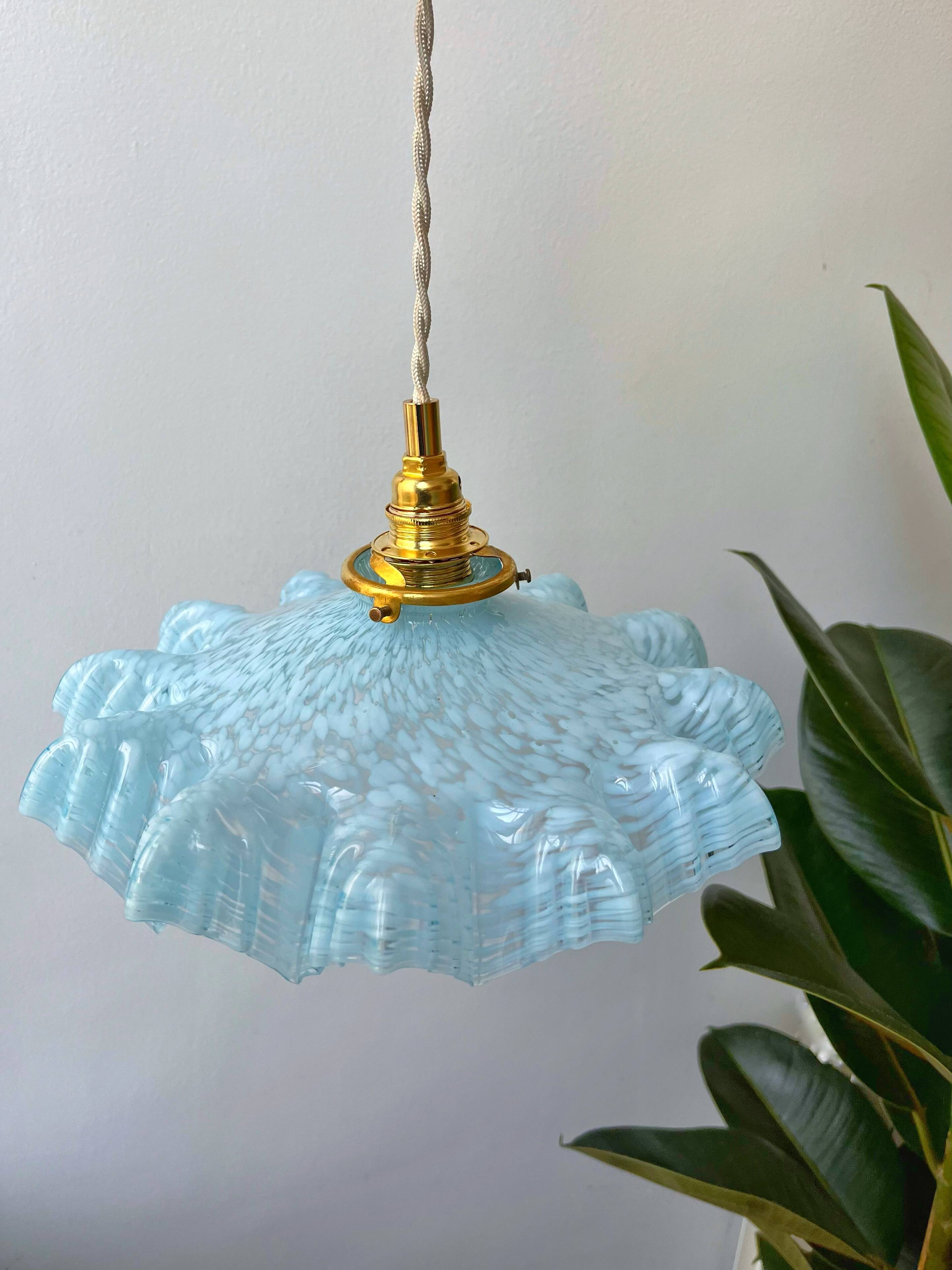 Large serrated blue Clichy glass pendant light