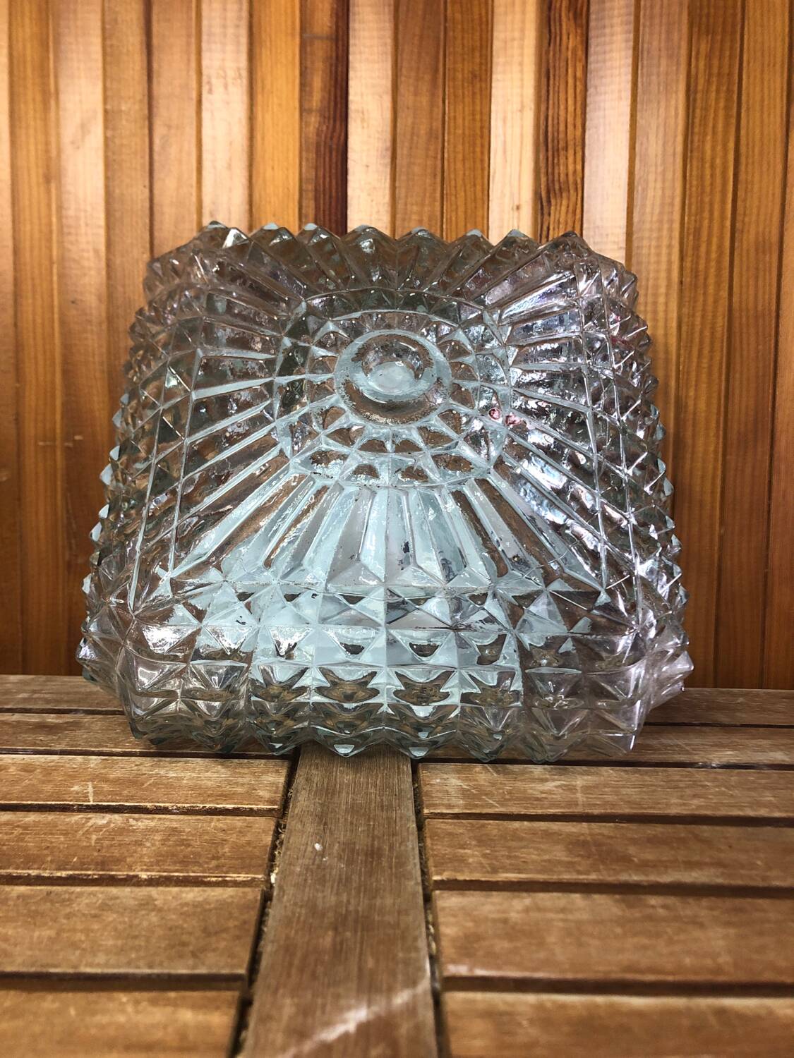 Old molded glass ceiling light + vintage black metal support