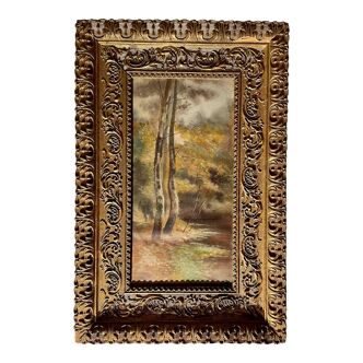 1890s French oil painting on canvas paper mounted on panel. Barbizon school landscape.