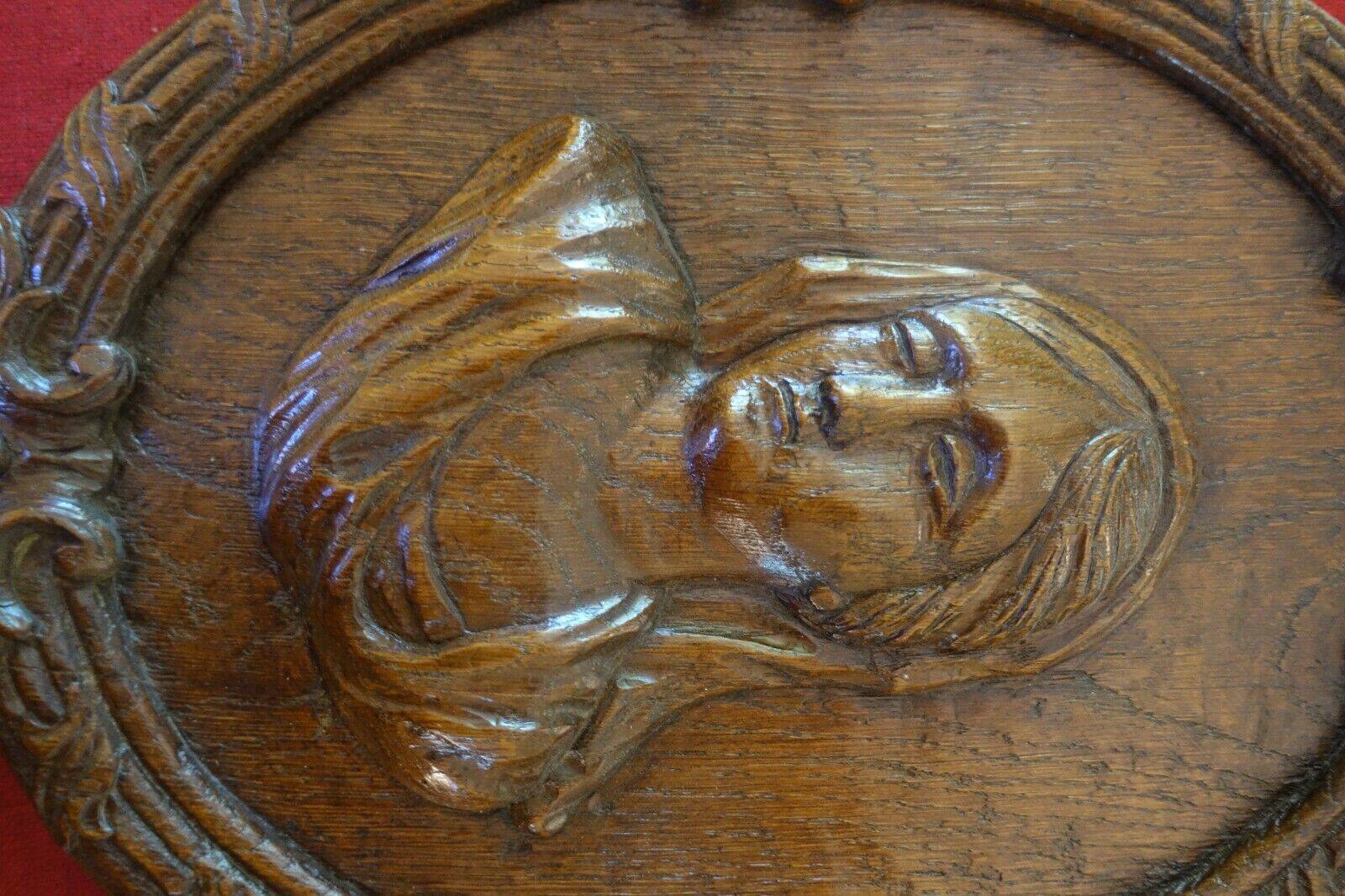 large medallion XVIII/XIX bas relief wood sculpture woman/mary