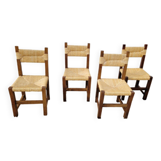 Vintage wooden straw chairs in Perriand spirit