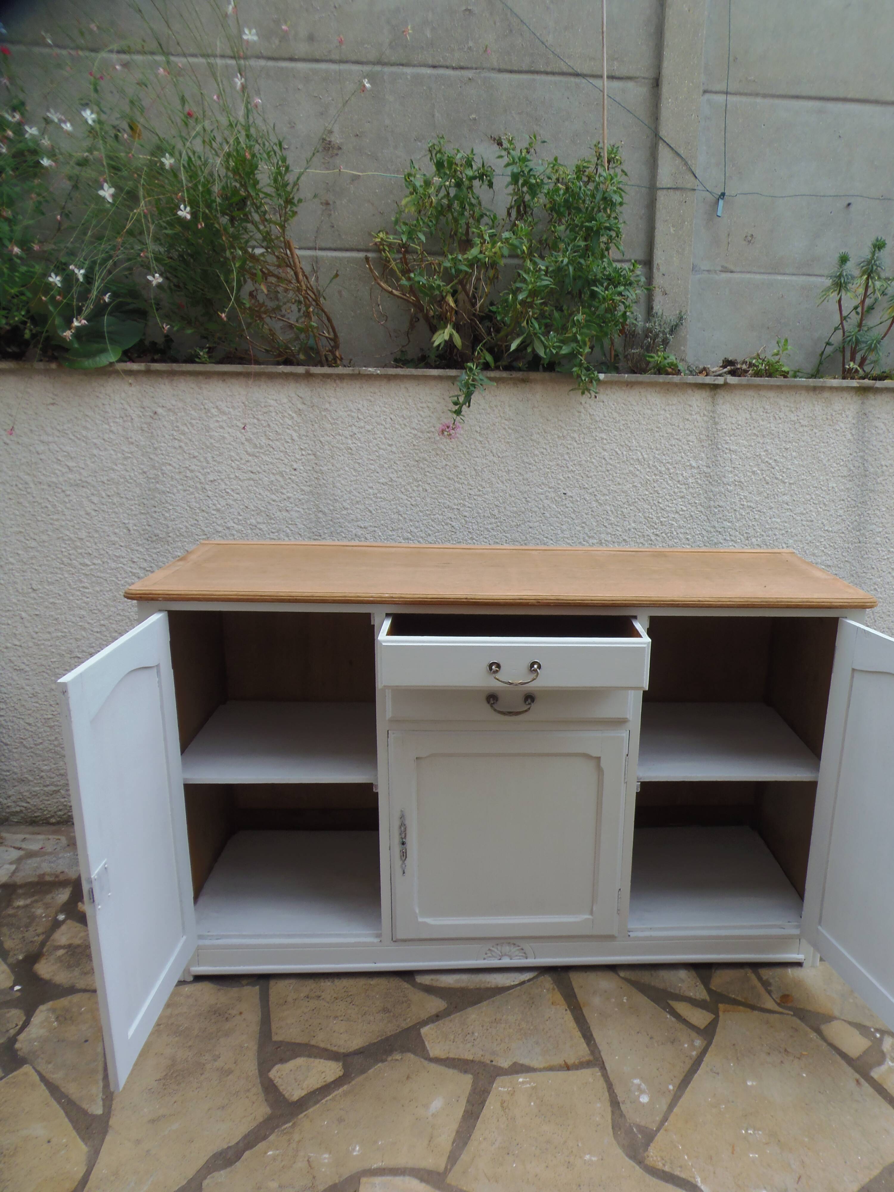 Vintage sideboard in pearl grey patinated oak, wooden top.