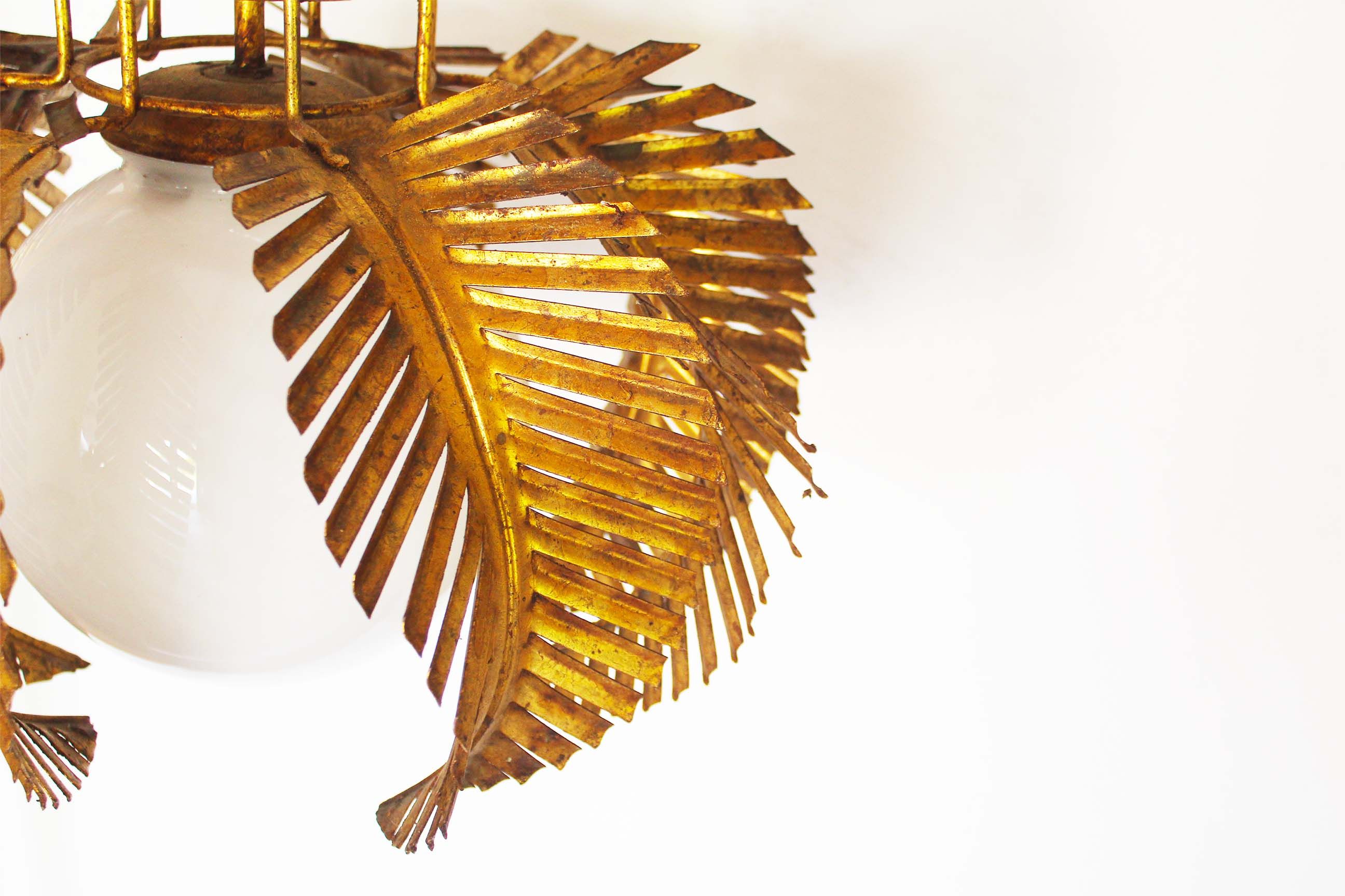 Gilt palm leaf and opaline glass pendant light by Hans Kögl