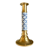 Candlestick in gilded brass and blue earthenware