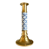 Candlestick in gilded brass and blue earthenware