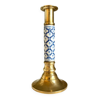 Candlestick in gilded brass and blue earthenware
