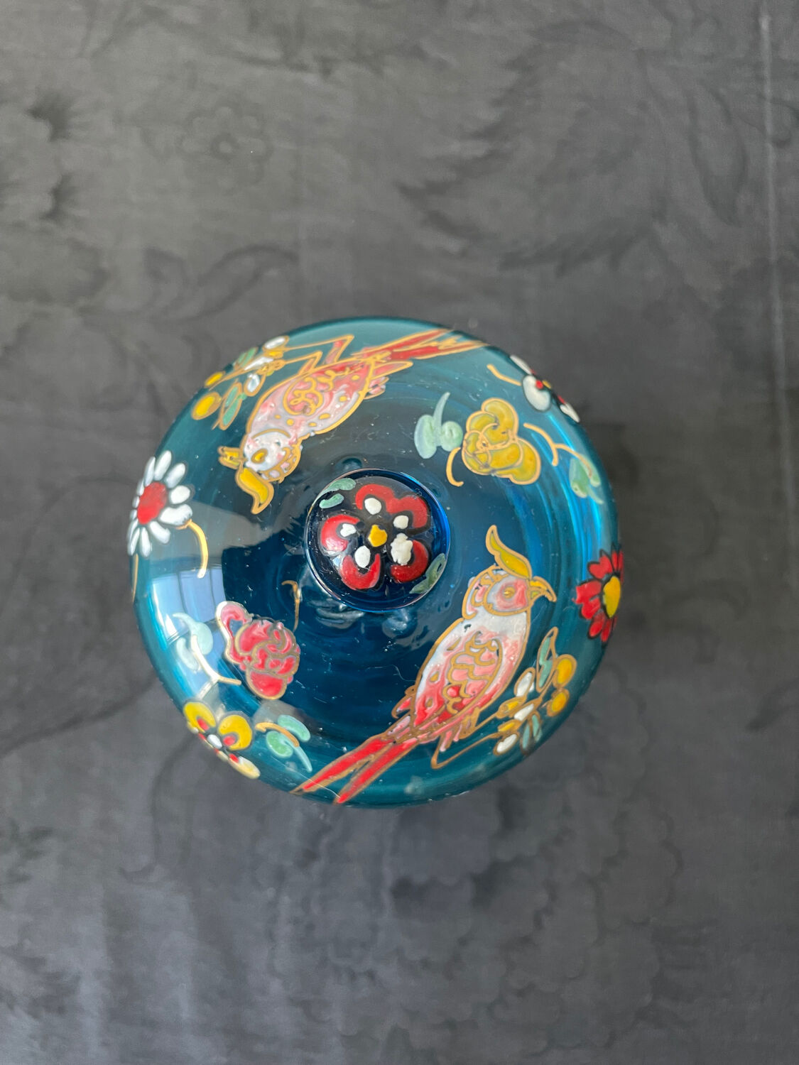 Hand-painted blue glass pot flowers and birds