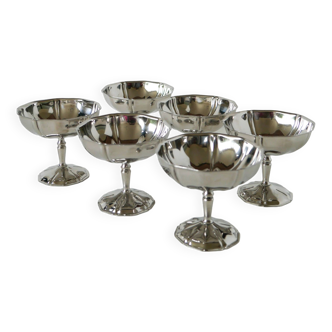 Set of 6 worked stainless steel bowls with fine feet, Made in France, Design, 1970