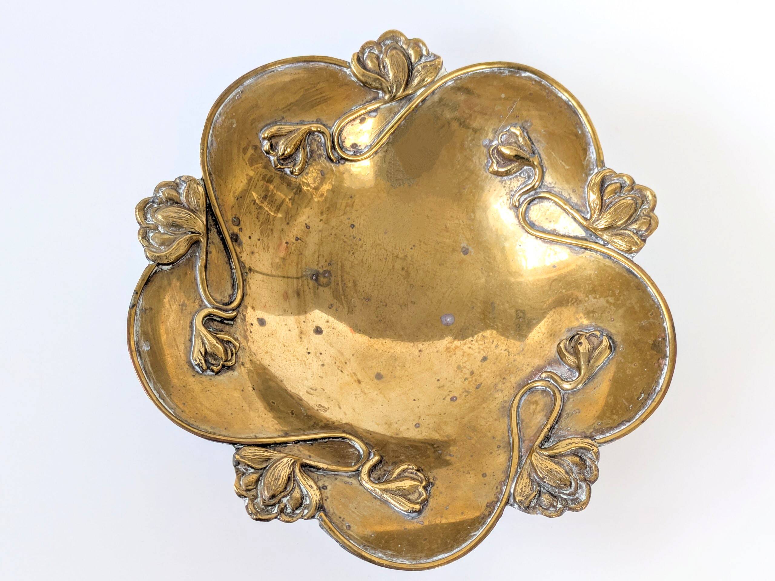 Brass Footed Bowl | Antique Art Nouveau Floral Motif