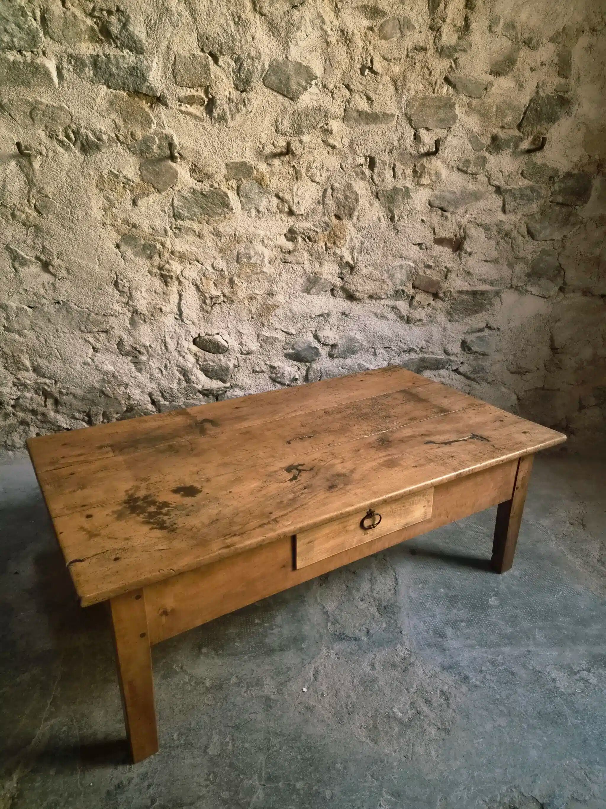 Antique cherry coffee table, rustic farmhouse table with drawer, circa 1750–1800.