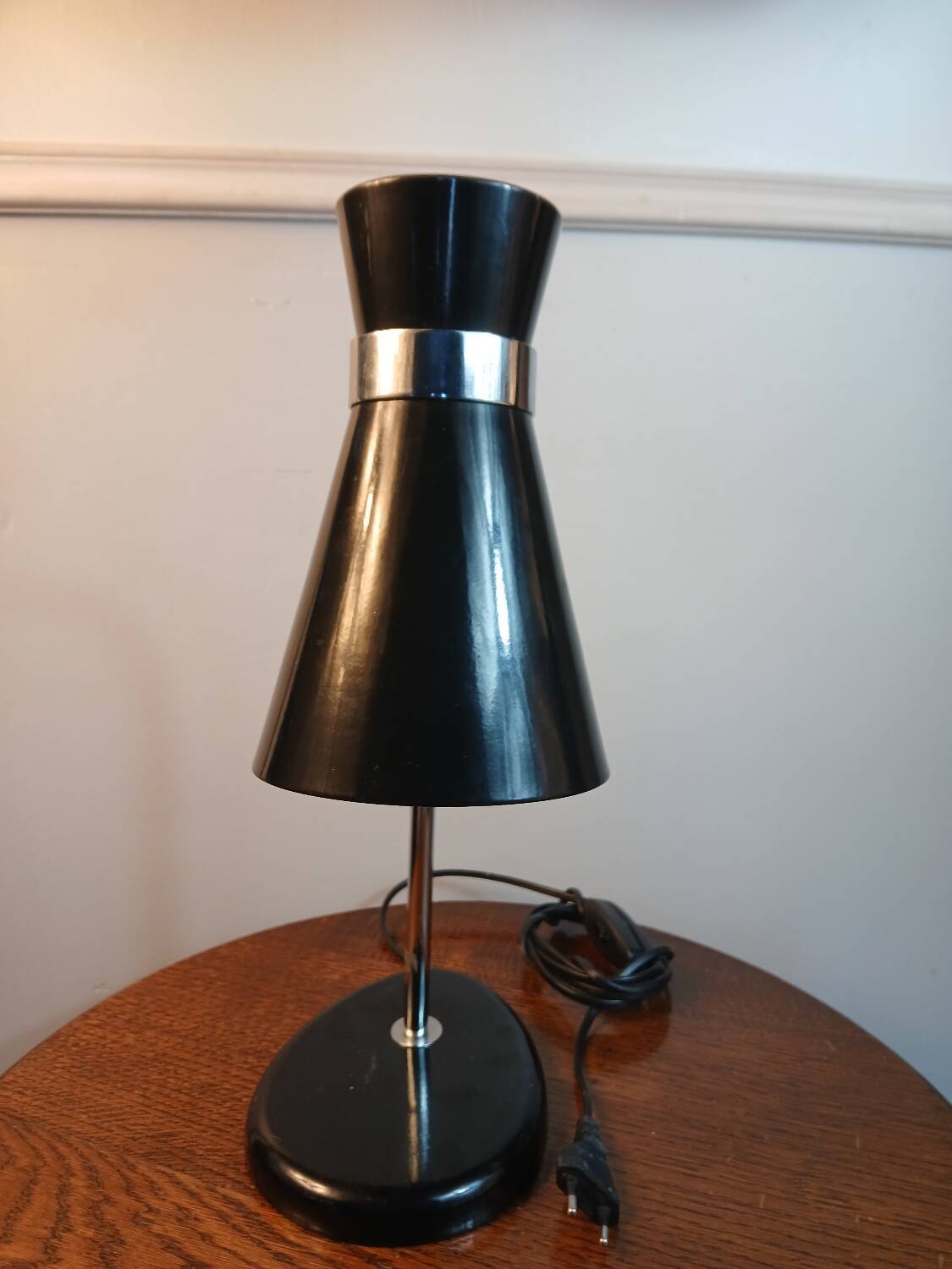 Lampe de bureau Diabolo noire et chrome 1970/80, socle rond, col flexi