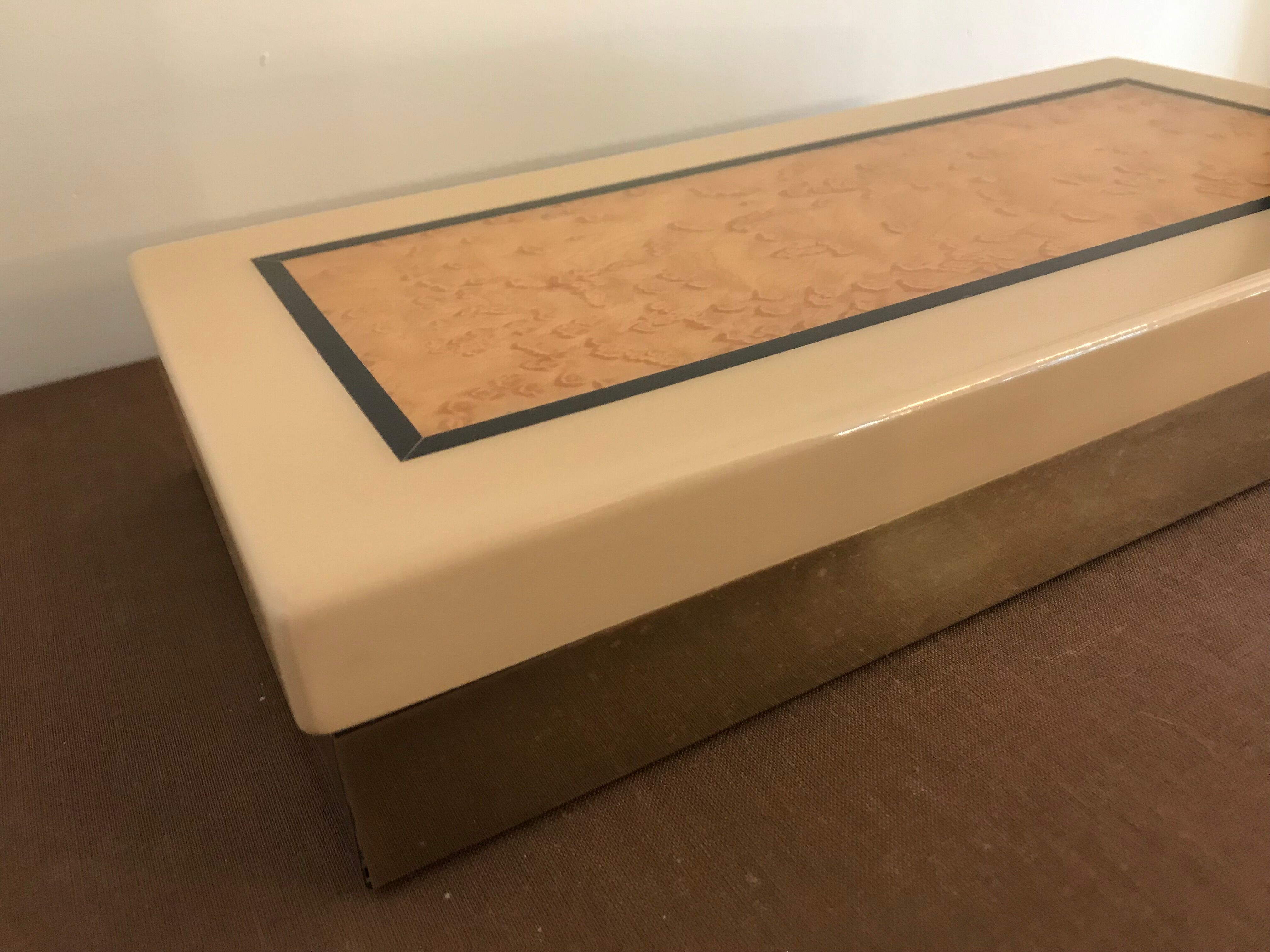 Rectangular mother-of-pearl and brass storage box 1970