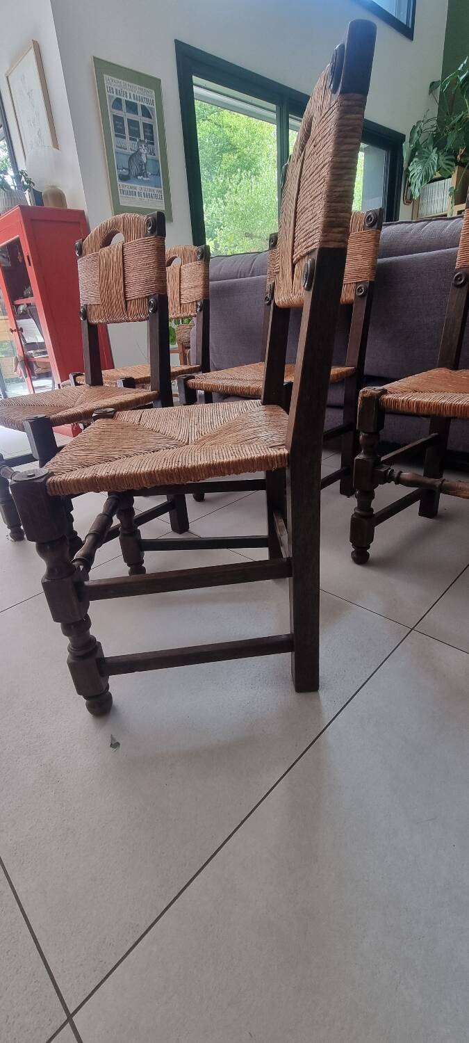 5 straw and wood chairs, brutalist 60s
