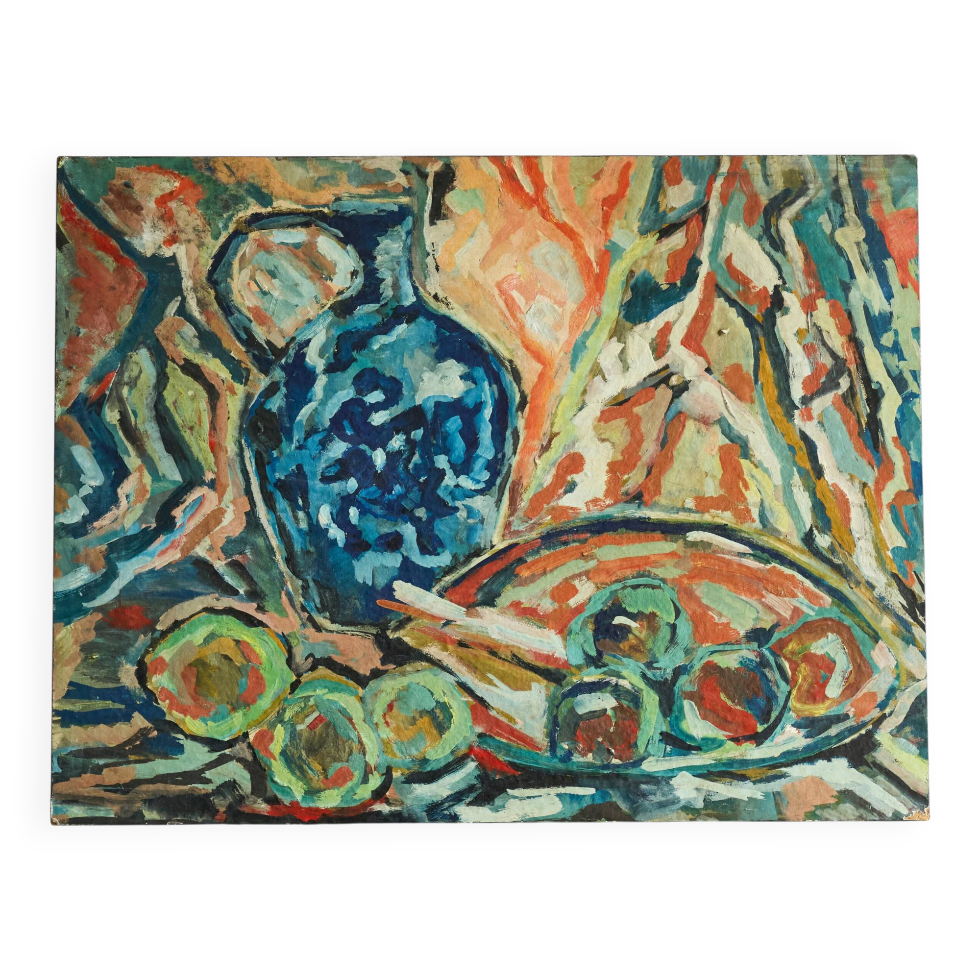 Scène de table moderniste, huile sur carton, années 1960