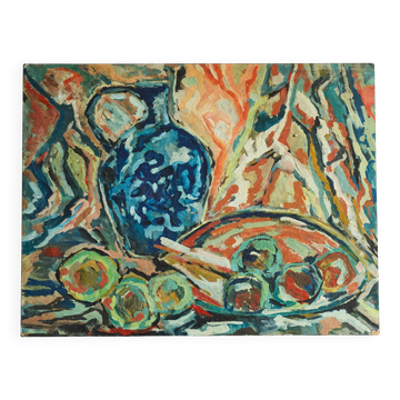 Scène de table moderniste, huile sur carton, années 1960