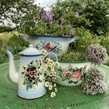 Cafetière ancienne Japy en tôle émaillée fleurs de pensée