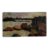 Oil on panel seaside rocks by F. Viaus 20th century