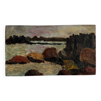 Oil on panel seaside rocks by F. Viaus 20th century