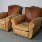 Pair of French Cognac Moustache Back Leather Club Chairs, 1940s