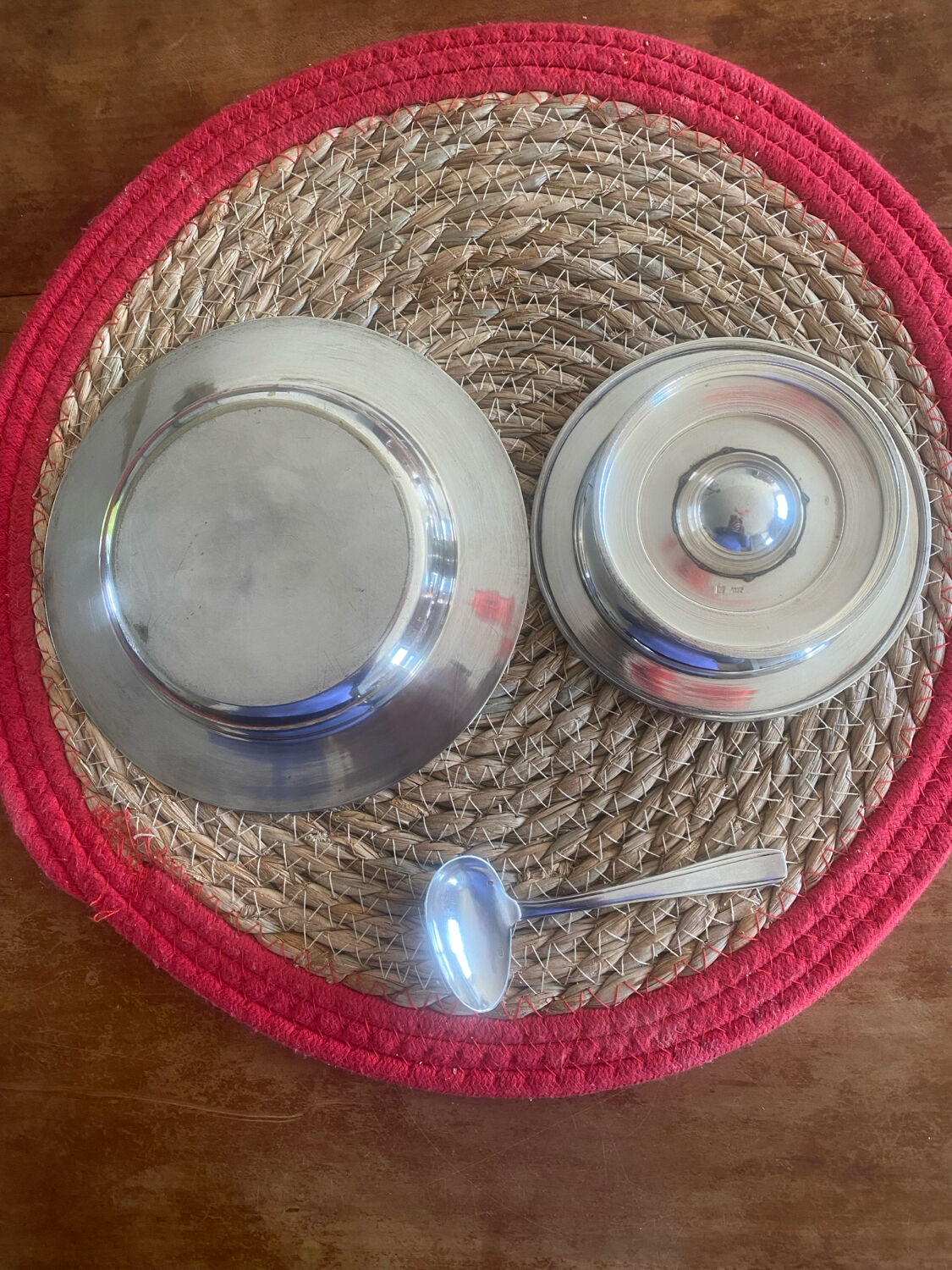 Egg cup, plate, silver-plated spoon