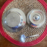 Egg cup, plate, silver-plated spoon