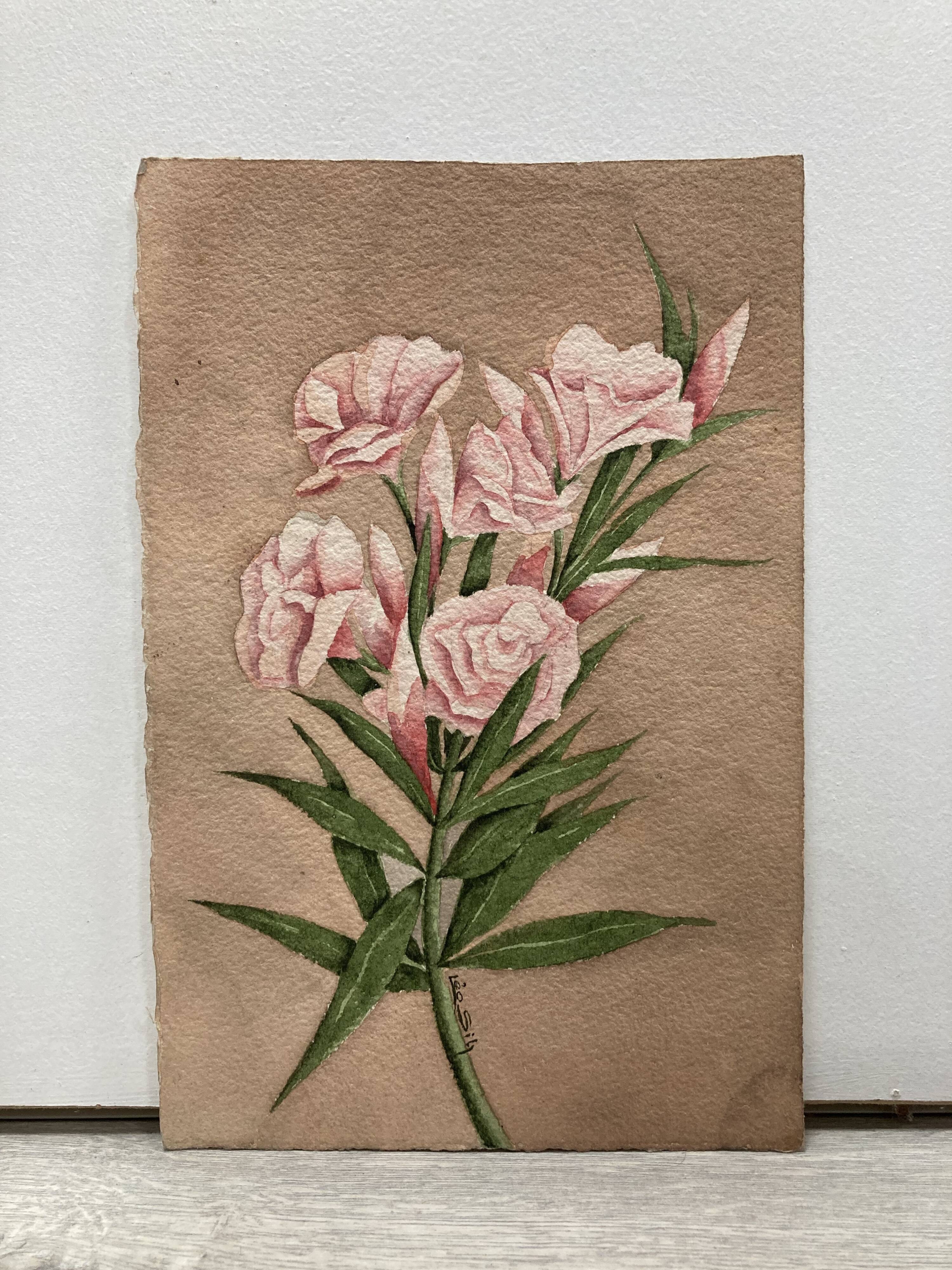 Signed watercolor with oleander flowers