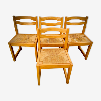 Set de 4 chaises vintage en orme & large assise paille 1970