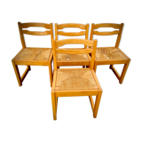Set de 4 chaises vintage en orme & large assise paille 1970
