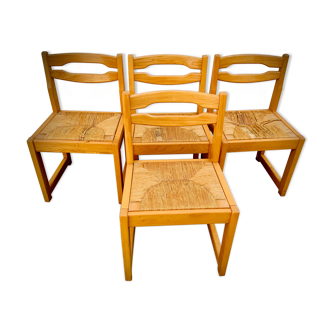 Set of 4 vintage elm chairs - large straw seat 1970
