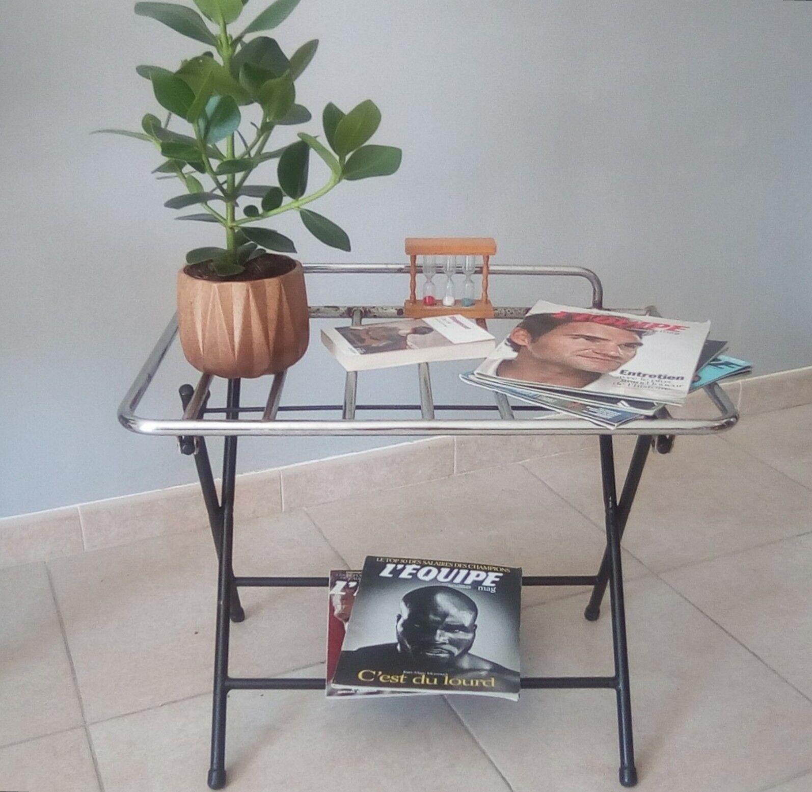 Side table, vintage suitcase carrier