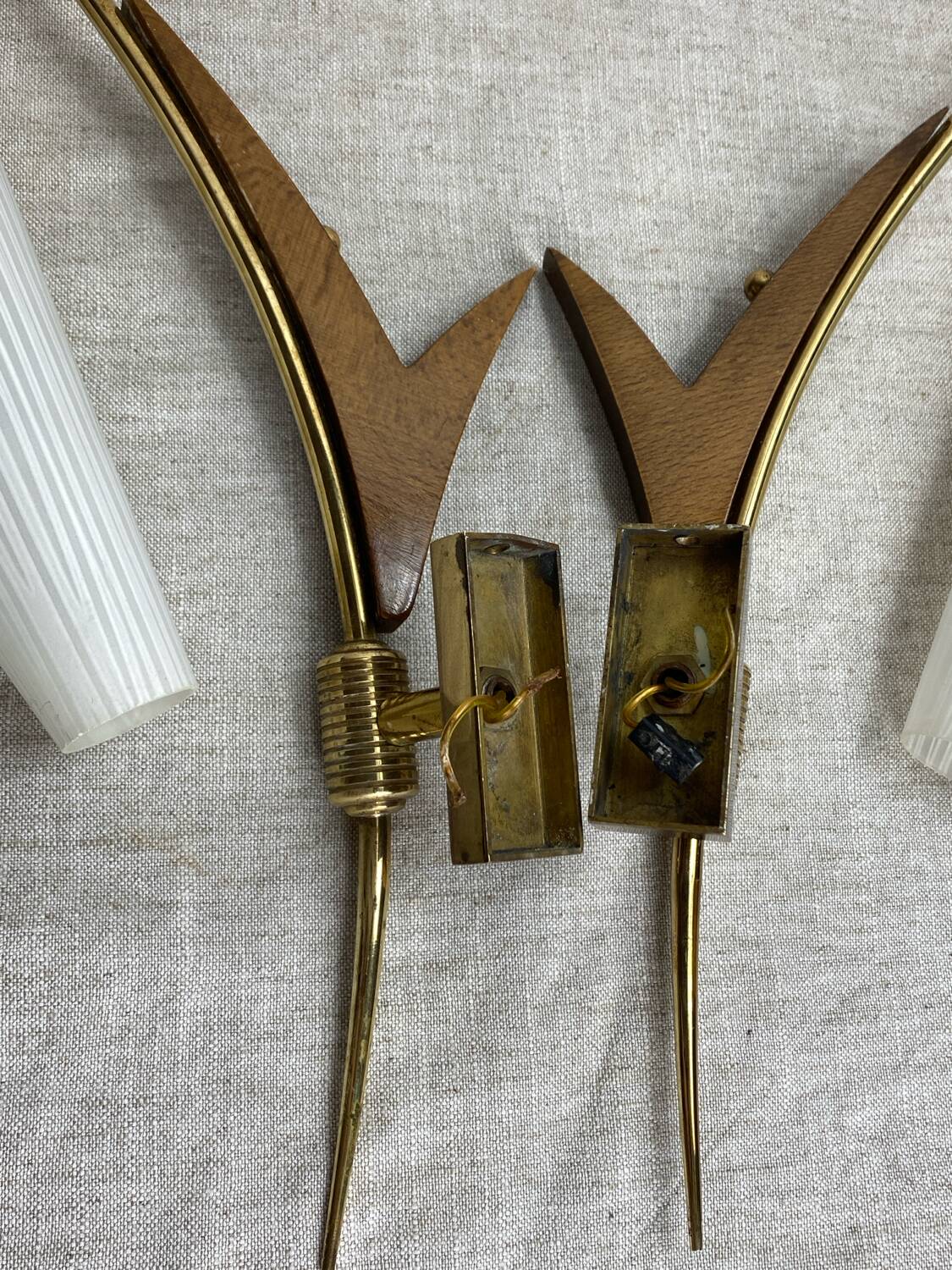 Pair of wall lights in brass, wood and opaline glass, 1950s/60s