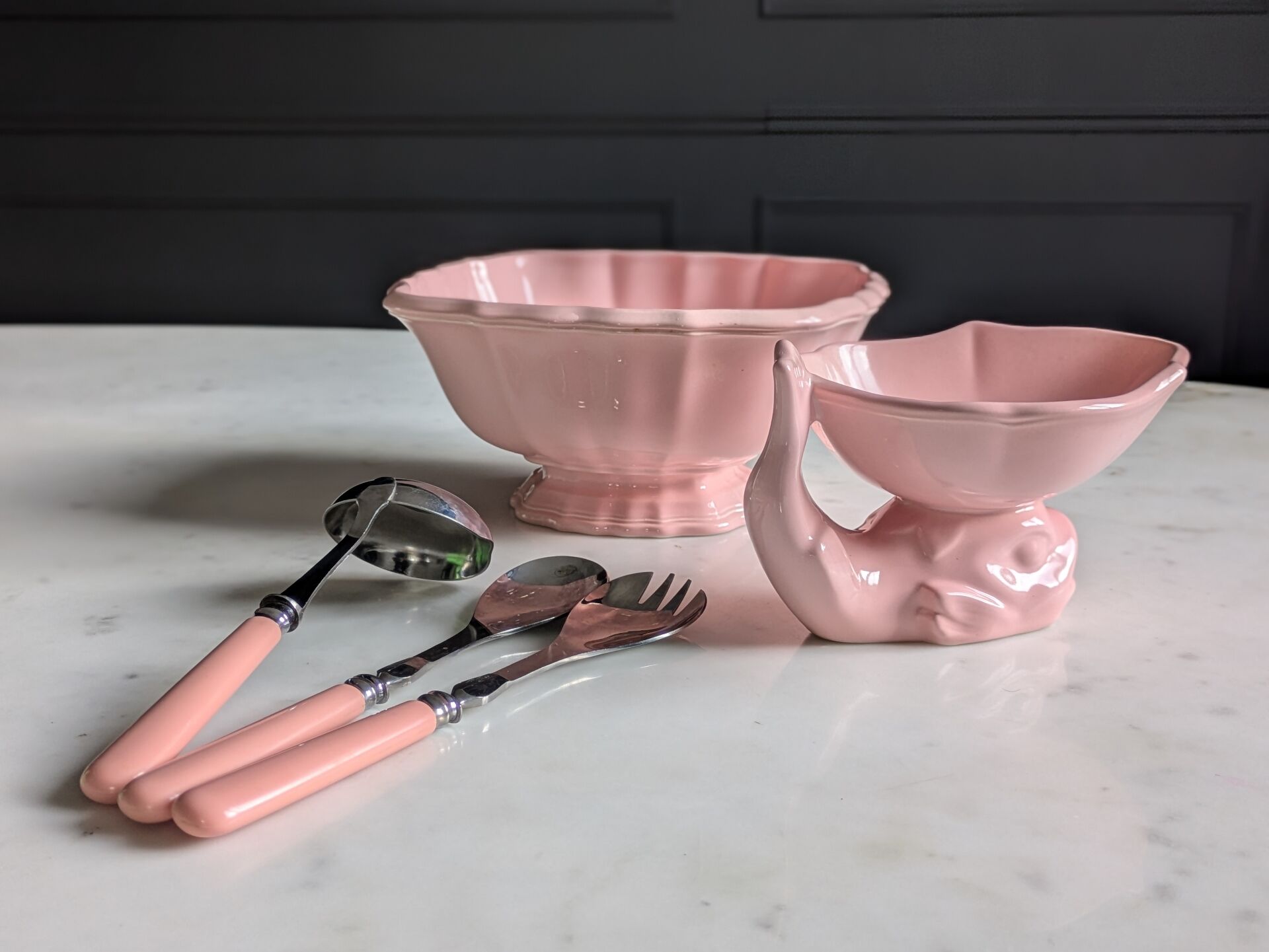 Vintage powder pink earthenware duo. Salins les Bains. 1950s.