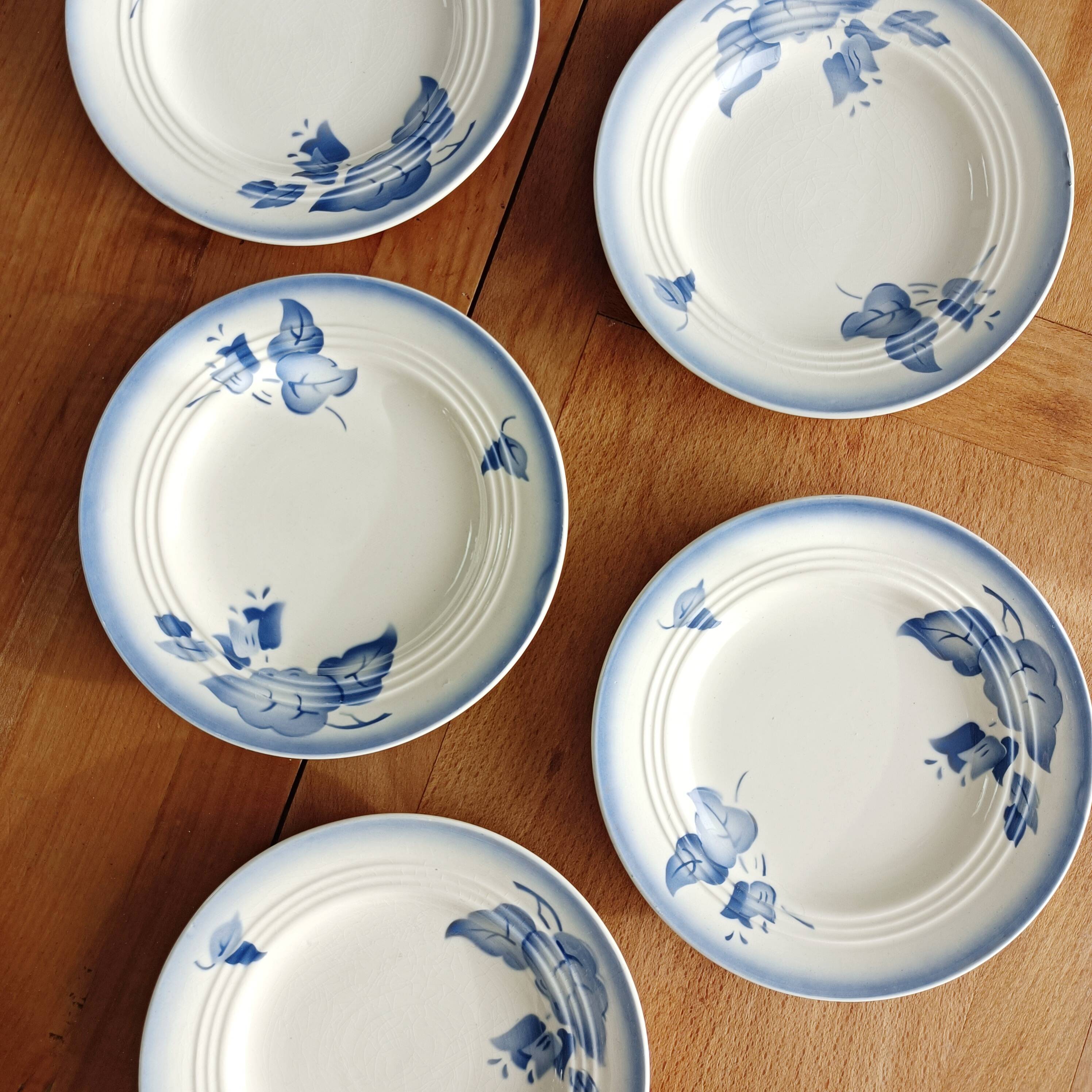 Set of 5 dessert plates, blue floral decoration