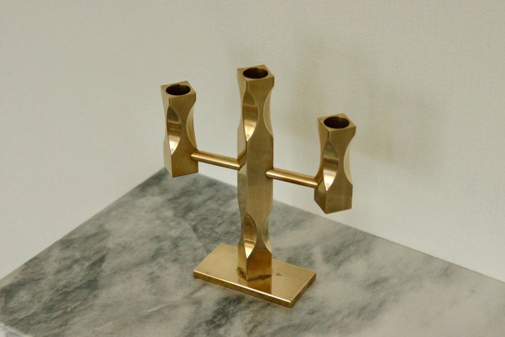 Swedish three-armed candelabrum in brass by Lars Åkesson for Vallonmässing